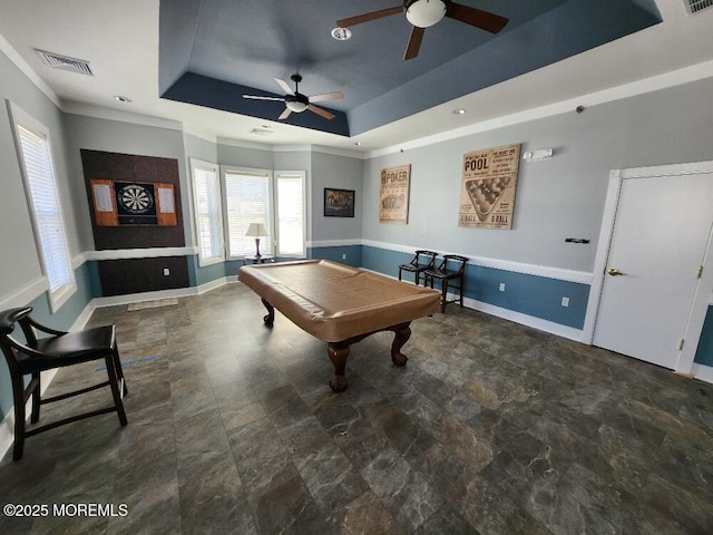 playroom featuring visible vents, pool table, ceiling fan, baseboards, and a tray ceiling