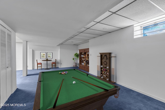 game room featuring a drop ceiling, baseboards, carpet, and pool table