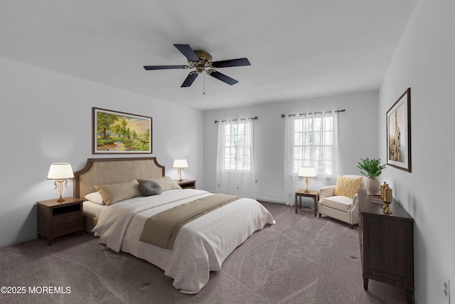 bedroom with ceiling fan and carpet flooring