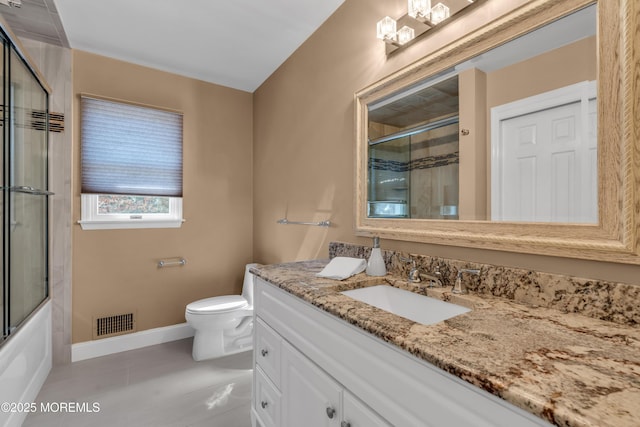 bathroom featuring visible vents, baseboards, toilet, tile patterned floors, and vanity