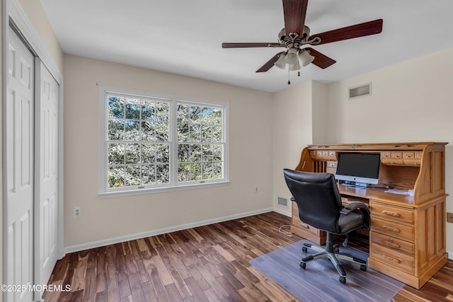 unfurnished office with visible vents, ceiling fan, baseboards, and wood finished floors