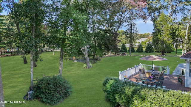 view of home's community with a lawn and a wooden deck