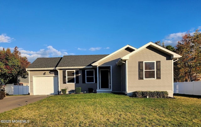 ranch-style home featuring a garage, driveway, a front lawn, and fence