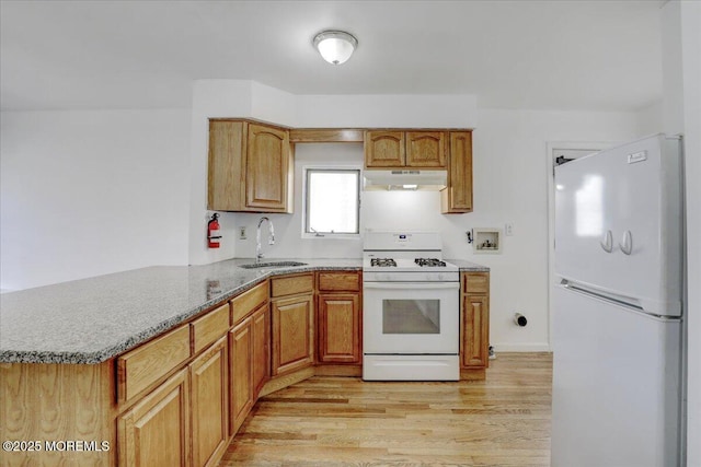 kitchen featuring under cabinet range hood, light stone counters, light wood-style floors, white appliances, and a sink