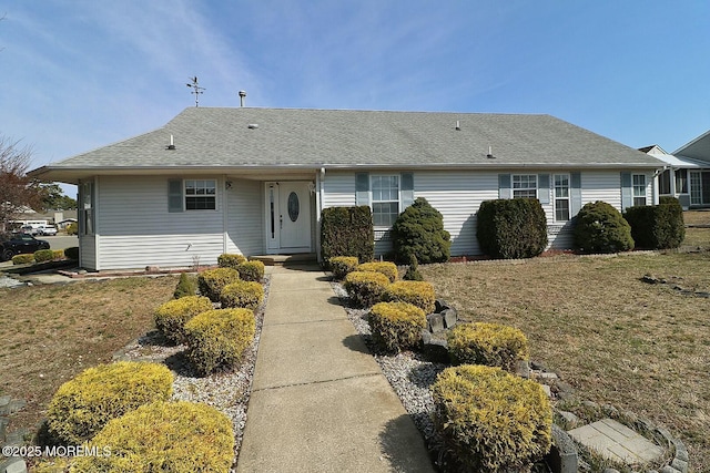 ranch-style home with a front yard and roof with shingles