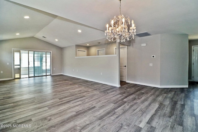 unfurnished living room with recessed lighting, baseboards, lofted ceiling, and dark wood-style floors