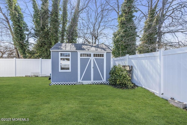 view of shed with a fenced backyard