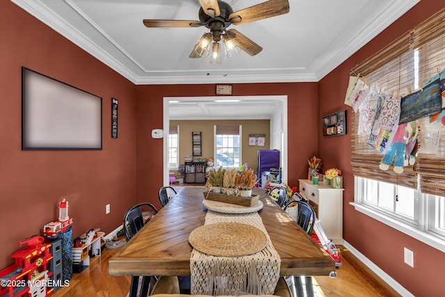 dining area featuring ceiling fan, baseboards, wood finished floors, and crown molding