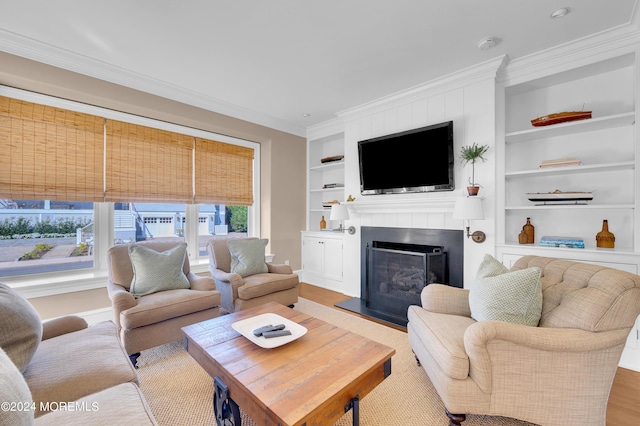 living room featuring ornamental molding, built in shelves, wood finished floors, and a large fireplace