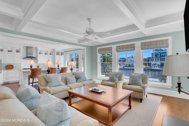 living area with a wealth of natural light, coffered ceiling, and wood finished floors