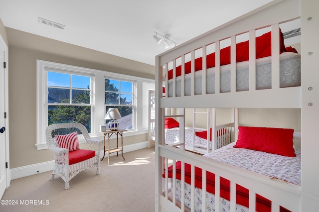 carpeted bedroom with visible vents, track lighting, and baseboards