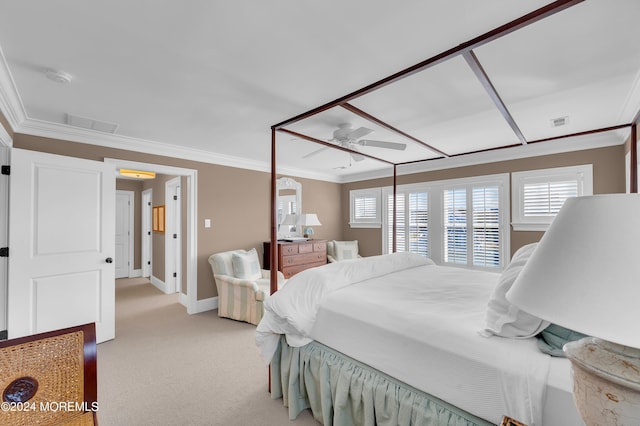 bedroom featuring light carpet, visible vents, multiple windows, and ornamental molding