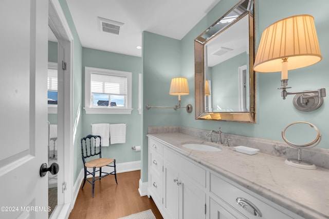 bathroom with visible vents, baseboards, wood finished floors, and vanity