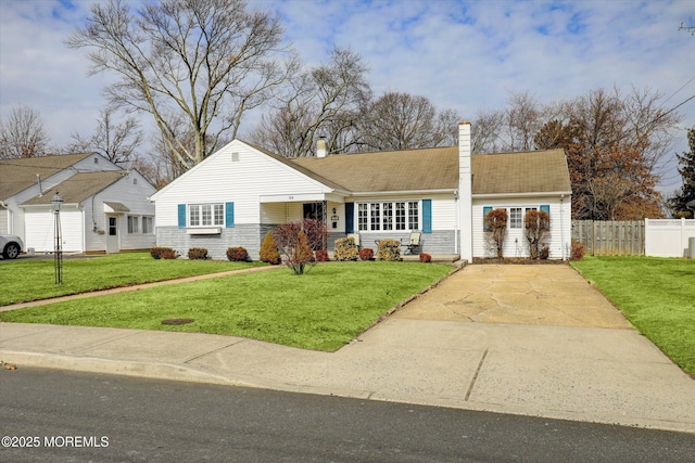 single story home featuring a chimney, a front lawn, and fence