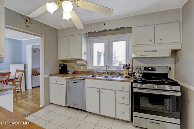 kitchen with a sink, stainless steel appliances, under cabinet range hood, and white cabinets