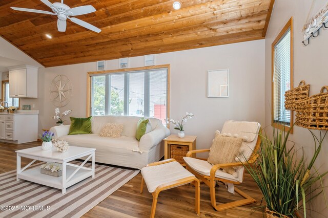 living area featuring light wood-type flooring, wood ceiling, ceiling fan, and vaulted ceiling