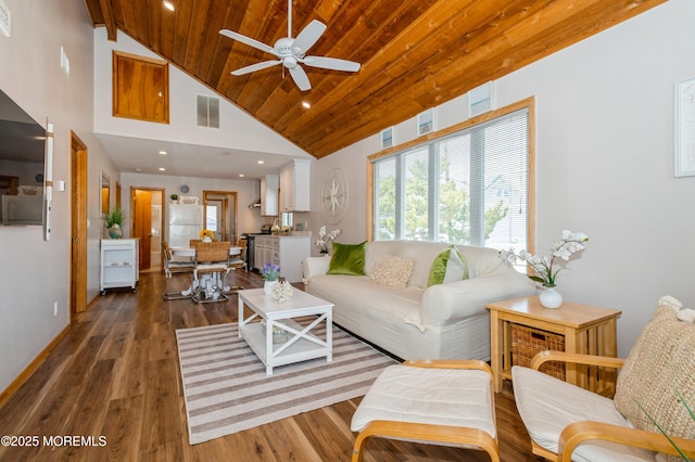 living room with wood finished floors, visible vents, high vaulted ceiling, recessed lighting, and wood ceiling