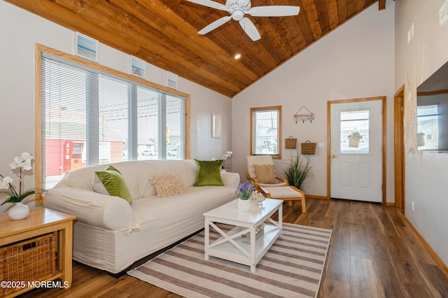 living area featuring baseboards, wood ceiling, wood finished floors, high vaulted ceiling, and a ceiling fan