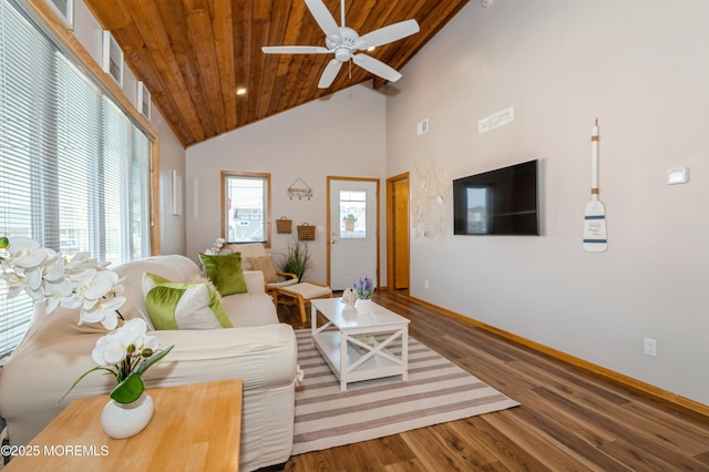 living area featuring wood finished floors, baseboards, high vaulted ceiling, ceiling fan, and wooden ceiling