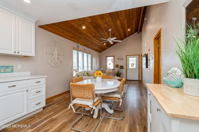 dining space with ceiling fan, wood ceiling, vaulted ceiling, recessed lighting, and wood finished floors