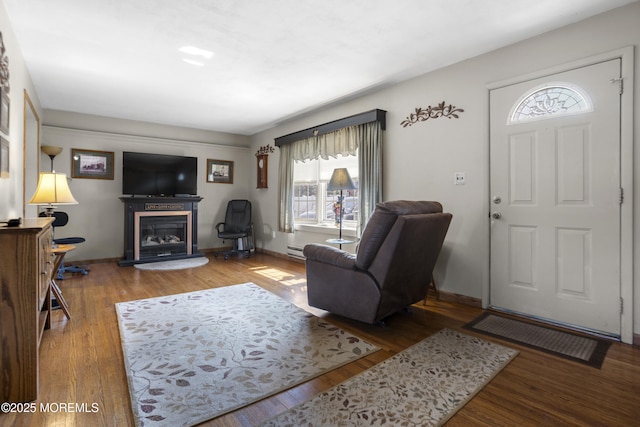 living area featuring a glass covered fireplace, wood finished floors, baseboards, and a baseboard radiator