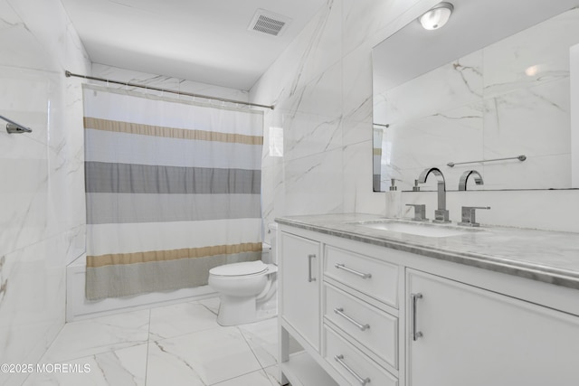71 Broadway Ave, Lakewood, NJ 08701 - bathroom featuring toilet, shower / bath combo, visible vents, marble finish floor, and vanity