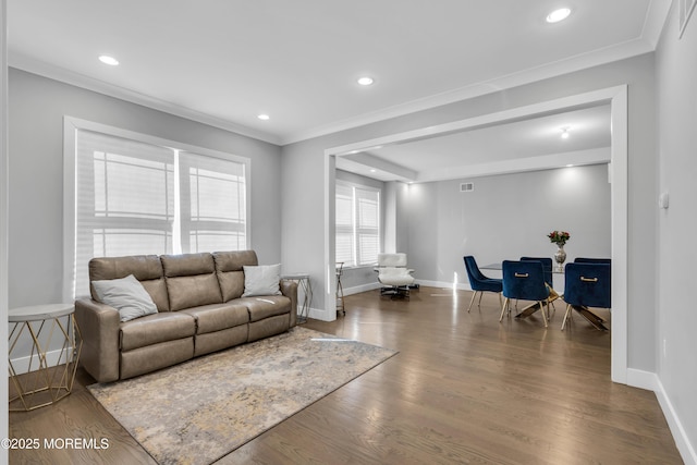 71 Broadway Ave, Lakewood, NJ 08701 - living room with wood finished floors, baseboards, ornamental molding, and recessed lighting