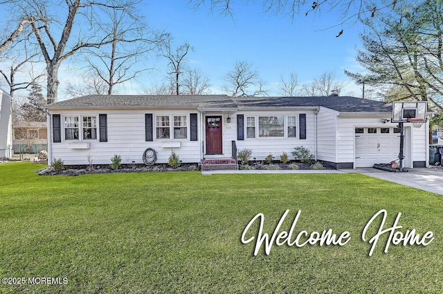 ranch-style house with a front yard, an attached garage, and driveway