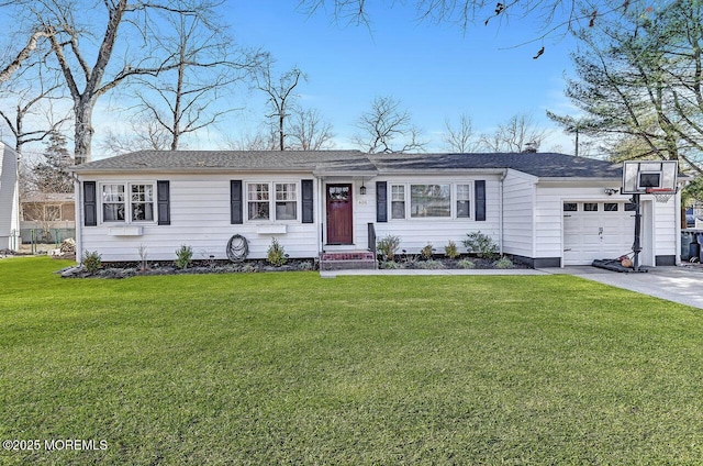 ranch-style house featuring a front lawn, an attached garage, and driveway