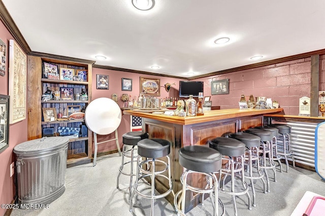 bar featuring carpet flooring, a dry bar, concrete block wall, and ornamental molding