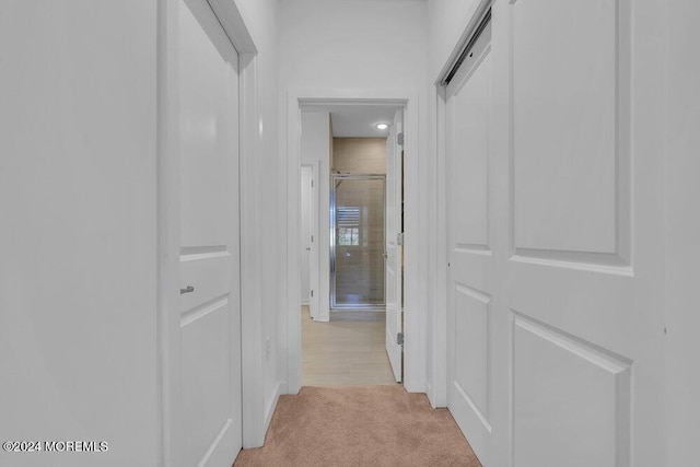 hallway featuring light carpet