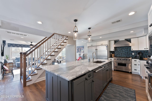 kitchen featuring visible vents, wall chimney range hood, dark wood finished floors, premium appliances, and a sink