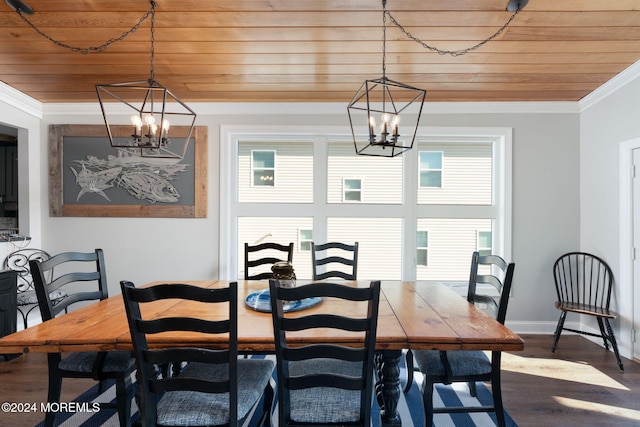 dining area with wooden ceiling, a notable chandelier, and crown molding