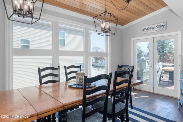 dining area featuring wooden ceiling, wood finished floors, a chandelier, and crown molding