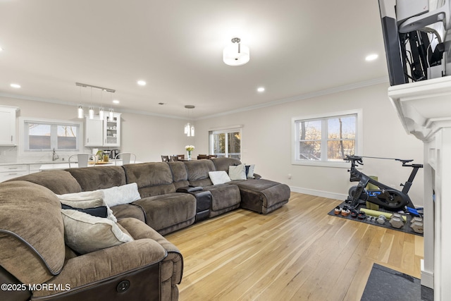 living area featuring a wealth of natural light, light wood-style flooring, and ornamental molding