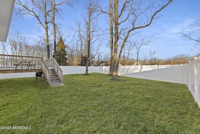 view of yard with a deck and a fenced backyard