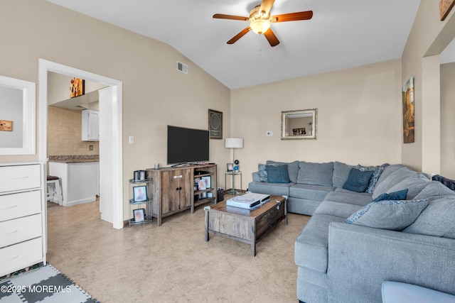 living area with visible vents, lofted ceiling, and a ceiling fan