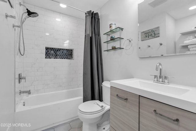 full bathroom with tile patterned floors, visible vents, toilet, shower / bath combo, and vanity