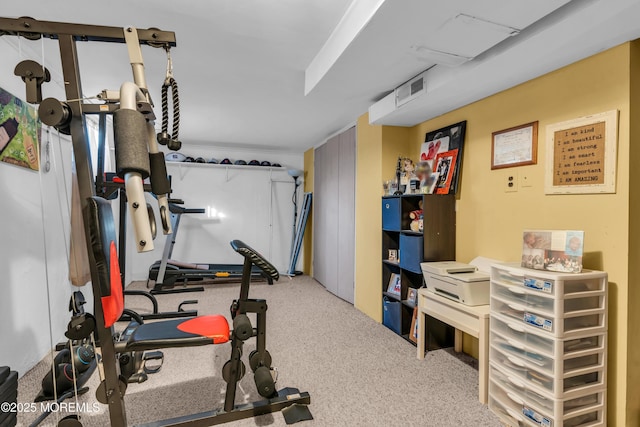 exercise room with carpet flooring and visible vents