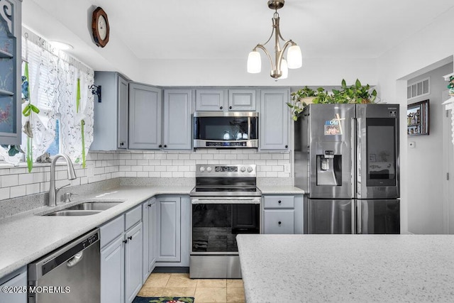 kitchen with a sink, stainless steel appliances, tasteful backsplash, and light countertops