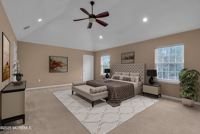 bedroom with light carpet, recessed lighting, high vaulted ceiling, and baseboards