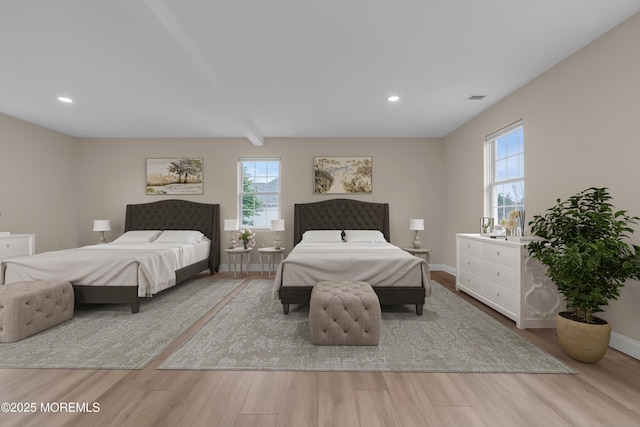 bedroom featuring visible vents, beam ceiling, wood finished floors, recessed lighting, and baseboards