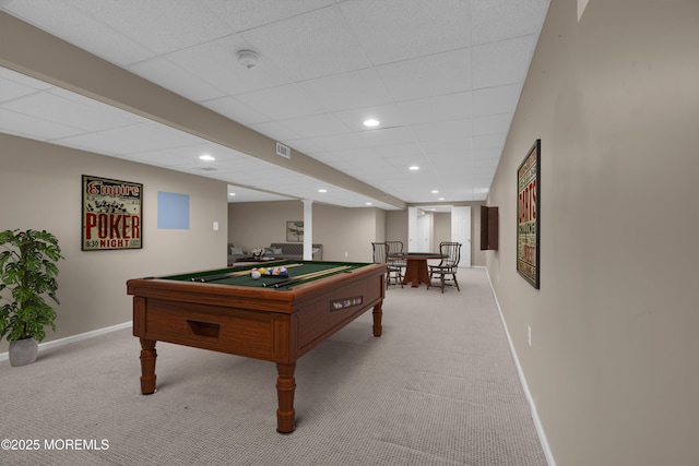 playroom with visible vents, pool table, baseboards, light carpet, and recessed lighting