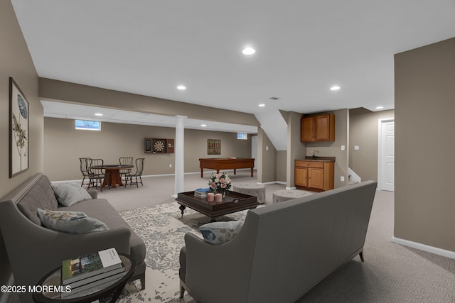 living area with recessed lighting, baseboards, light carpet, and pool table