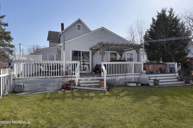 rear view of house featuring fence, a wooden deck, a yard, a pergola, and a chimney