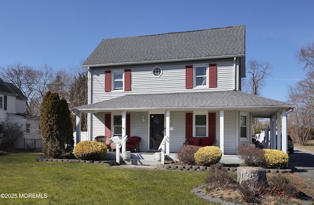 view of front of home with covered porch, a front lawn, and roof with shingles