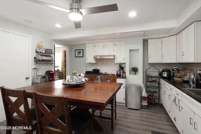 kitchen with under cabinet range hood, tasteful backsplash, dark countertops, white cabinetry, and dark wood-style flooring