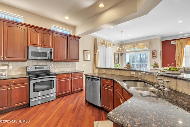 kitchen with a sink, appliances with stainless steel finishes, a wealth of natural light, and dark wood-style flooring