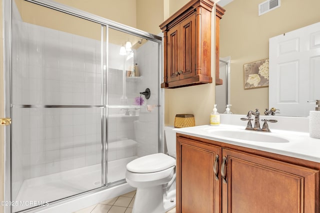 bathroom with tile patterned flooring, visible vents, a stall shower, and toilet