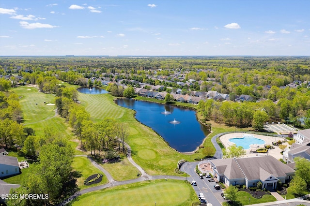 aerial view featuring a water view and view of golf course